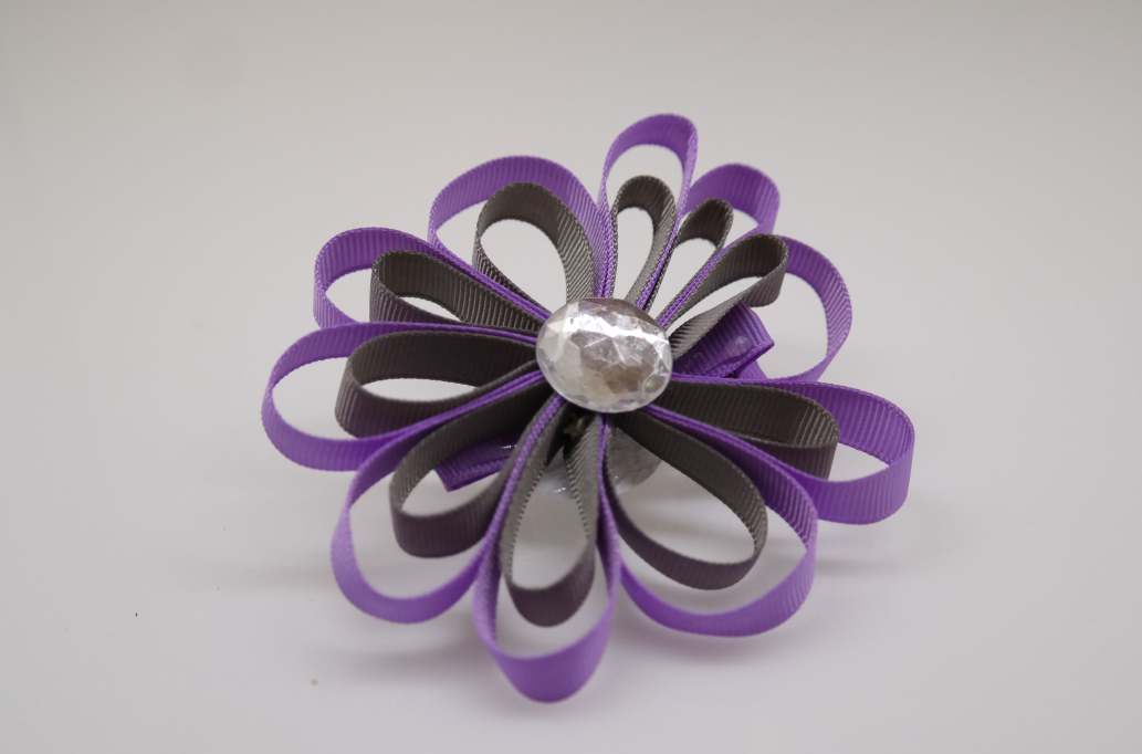 Large petal flower hair Bow with colors  Hyacinth, Grey